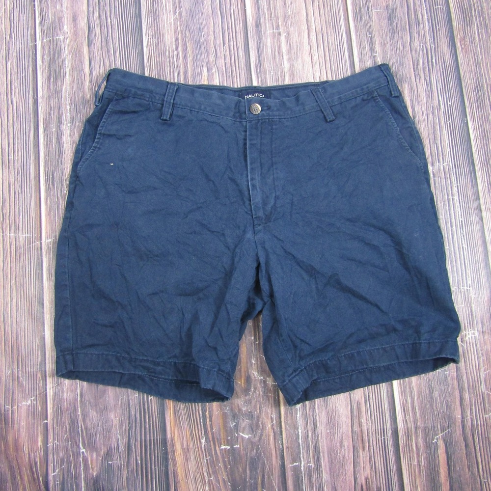 Nautica Chino Shorts Mens 36 Blue Flat Front 9"‎ Inseam Pockets Casual Summer